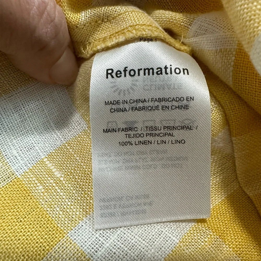 Reformation Yellow Gingham Lace-Up Peasant Blouse